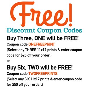 May include: Orange text on a white background reads "Free!" with the words "Discount Coupon Codes" below. The text continues with "Buy Three, ONE will be FREE!" and "Coupon code ONEFREEPRINT (Select any THREE 11x17 prints & enter coupon code for $25 off your order.) or Buy Six, TWO will be FREE! Coupon code TWOFREEPRINTS (Select any SIX 11x17 prints & enter coupon code for $50 off your order.)"