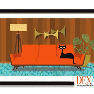 May include: A mid-century modern illustration of a living room with an orange sofa, a black cat, a floor lamp, and a plant. The wall is brown with a gold abstract sculpture.