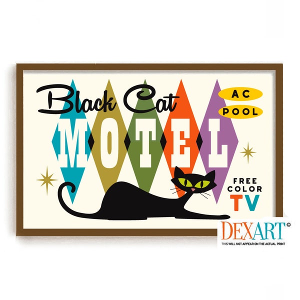 Atomic Black Cat Motel Art Print, Motel Sign, Mid Century Modern Wall Art, Vintage Road Sign, Southwestern Art, California Decor