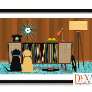 Mid Century Modern Dog Art Print, Dog Lover Gift, Retro Sideboard, Black Lab, Vinyl Record Storage, Record Player, Black Labrador Retriever