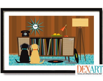 Mid Century Modern Dog Art Print, Dog Lover Gift, Retro Sideboard, Black Lab, Vinyl Record Storage, Record Player, Black Labrador Retriever