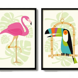 Mid Century Modern Wall Art, Set of 2 Prints, Toucan Art, Monstera Adansonii, Tropical Decor, Flamingo Print, Florida Decor Rainforest Print