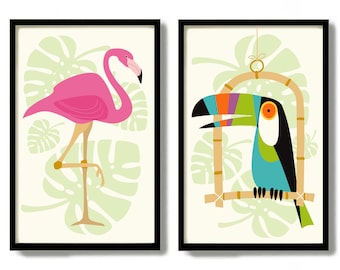 Mid Century Modern Wall Art, Set of 2 Prints, Toucan Art, Monstera Adansonii, Tropical Decor, Flamingo Print, Florida Decor Rainforest Print