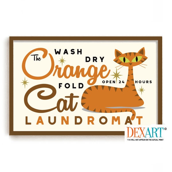 Laundry Room Decor Mid Century Modern Orange Tabby Cat Art Print, Retro Wall Art, Dirty Cat Art, Cat Mom, Washing Machine Laundry Sign