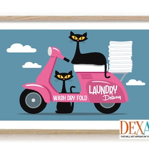 Laundry Room Decor Cat Wall Art, Atomic Cat Mid Century Modern Art Print, Pink Pussycat, Cat Mom, Laundry Sign, Washing Machine