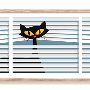 Mid Century Modern Black Cat Art Print, Cat Lover Gift, Window Blinds, Kitchen Wall Decor, Cat Mom Gift, Atomic Cat