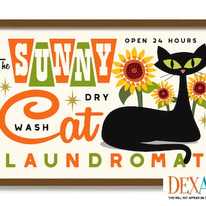 Sunflower Laundry Room Decor Cat Wall Art, Atomic Cat Mid Century Modern Art Print, Retro Wall Art, Cat Mom, Laundry Sign Washing Machine