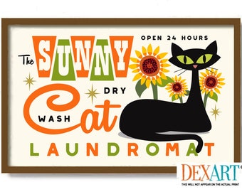 Sunflower Laundry Room Decor Cat Wall Art, Atomic Cat Mid Century Modern Art Print, Retro Wall Art, Cat Mom, Laundry Sign Washing Machine