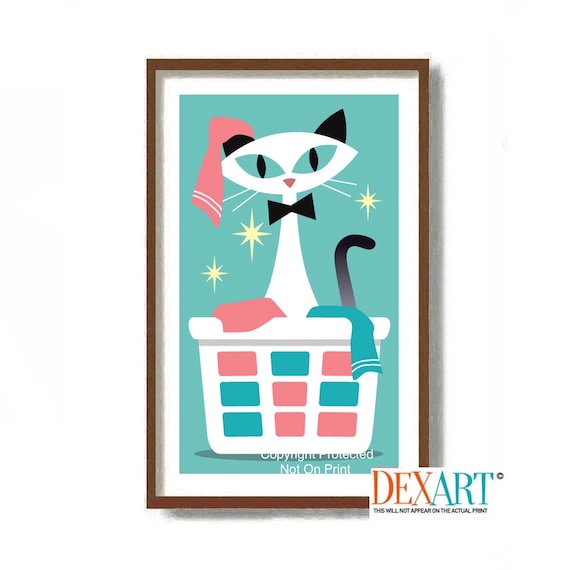 Siamese Cat Art Print Laundry Room Decor, Mid Century Modern Wall Art, Laundry Sign, Cat Gift Idea, White Cat Lover Gift, Laundry Basket