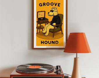 Dog Art Record Player Wall Art Print, Vinyl Record Player, Mid Century Modern, Hipster Dog, Atomic Hound Record Lover, Man Cave, Retro Music