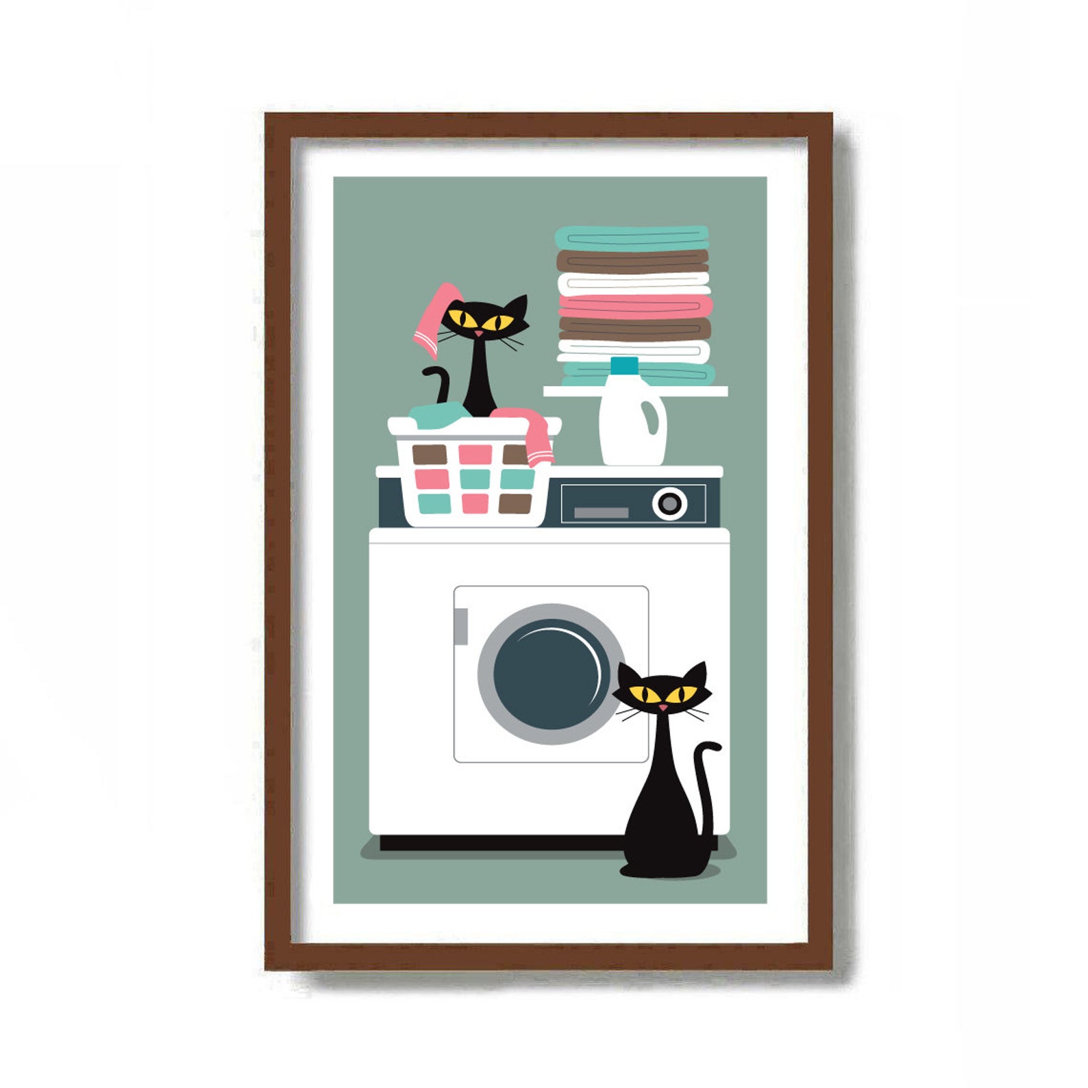 Cat Art Print Laundry Room Decor Mid Century Modern Wall Etsy