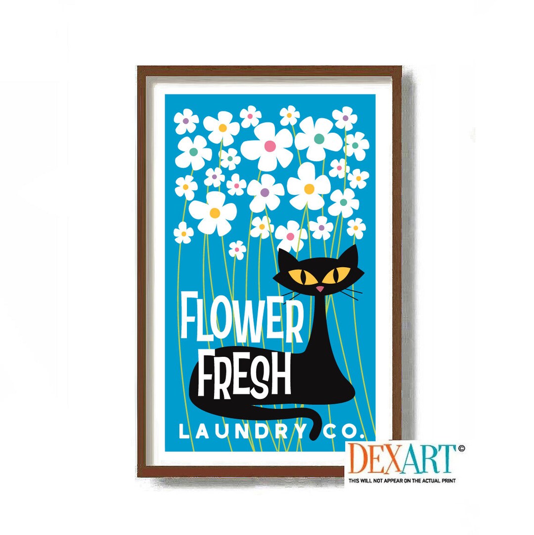 Laundry Room Decor Cat Wall Art Print, White Daisies, Atomic Cat, Mid ...