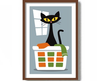 Black Cat Art Print, Laundry Room Decor, Cat Lover Gift, Laundry Sign, Laundry Hamper, Art Print, Clothes Basket, Wash Dry Fold Repeat