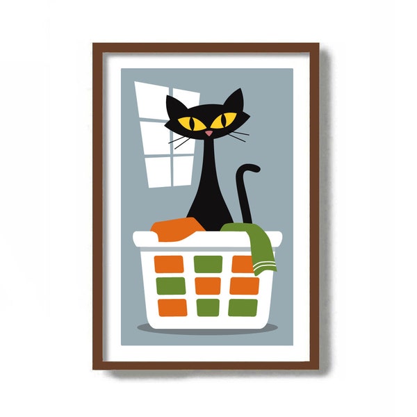 Black Cat Art Print, Laundry Room Decor, Cat Lover Gift, Laundry Sign, Laundry Hamper, Art Print, Clothes Basket, Wash Dry Fold Repeat