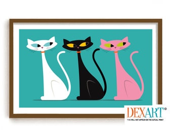 Mid Century Modern Atomic Cats Art Print, Diversity Wall Art, Black Cat Lover Gift, Cat Lover, Funny Cats Wall Decor, Cat Mom Gift