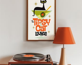 Atomic Cat Art Print, Mid Century Modern Cocktail Bar, Yellow Black Cat Art, Martini Glass, Bartender Gift, Tiki Bar Decor Alcohol Wall Art