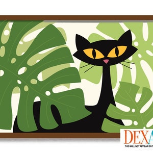 Atomic Cat and Plants Art Print, Monstera Plant Wall Art, Mid Century Modern Art, Black Cats Lover Gift, Tropical Decor, Black Cat Art