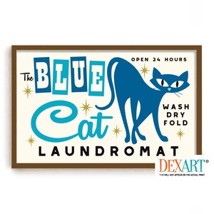 Laundry Room Wall Art Print, Atomic Cat Mid Century Modern Decor, Retro Wall Art Blue Cat Art, Cat Mom, Laundry Sign Washing Machine