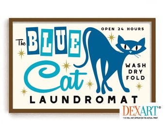 Laundry Room Decor Cat Wall Art Print, Atomic Cat Mid Century Modern Art, Retro Wall Art Blue Cat Art, Cat Mom, Laundry Sign Washing Machine