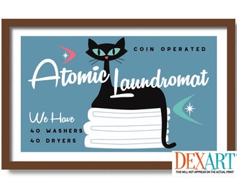 Atomic Cat Mid Century Modern Art, Laundry Room Decor Cat Wall Art, Black Cat Art Print Cat Lover Gift Idea Laundry Sign Bathroom Towels
