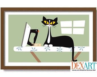 Tuxedo Cat Art Print, Laundry Room Decor, Mid Century Modern Wall Art, Laundry Sign, Cat Lover Gift, Laundry Basket, Ironing Board