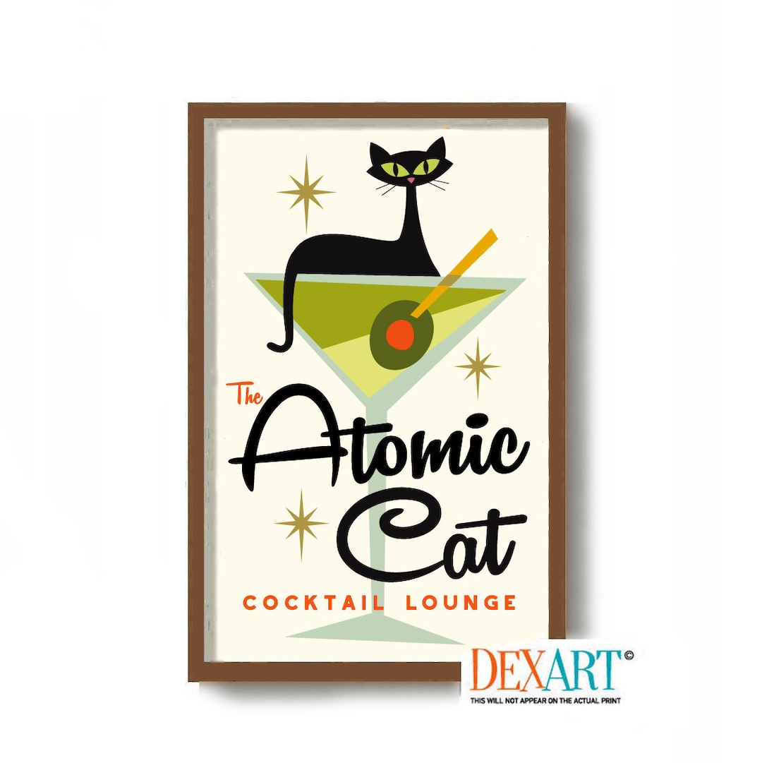 Atomic Black Cat Art Print, Mid Century Modern Cocktail Bar Wall Art ...