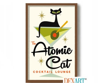 Atomic Black Cat Art Print, Mid Century Modern Cocktail Bar Wall Art, Retro Martini Glass, Bartender Gift, Cat Lover Gift, Alcohol Wall Art