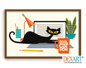 Black Cat Art Print, Home Office Decor, Mid Century Modern Art, Cat Lover Gift, Bedroom Decor, Work from Home