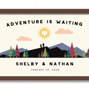 Adventure Awaits Wedding Gift Couple Unique Art Print, Personalized Hiking Gifts for Couple, Nature Couple, Outdoor Lover, Camping Backpack