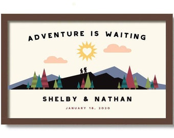 Wedding Gift Couple Unique Art Print, Adventure Awaits, Personalized Hiking Gifts for Couple, Nature Couple, Outdoor Lover, Camping Backpack