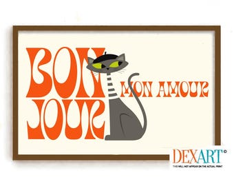 Black Cat Print French Cafe Bonjour Sign Gift Idea Kitchen Art Print Mid Century Modern Coffee Sign Poster Sign Cat Decor Beatnik Style