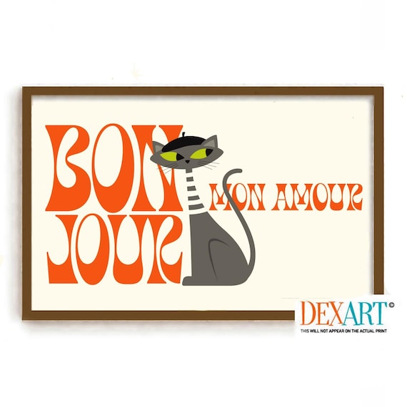 Black Cat Print French Cafe Bonjour Sign Gift Idea Kitchen Art Print Mid Century Modern Coffee Sign Poster Sign Cat Decor Beatnik Style
