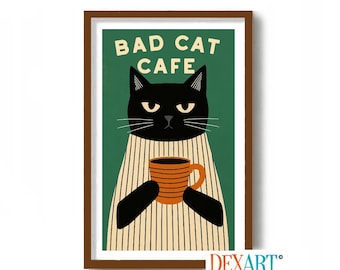 Bad Cat and Coffee Art Print, Coffee Nook, Kitchen Wall Art, Black Cat Lover Gift, Coffee Cup, DexMex Decor, Mid Century Modern, Cafe Sign