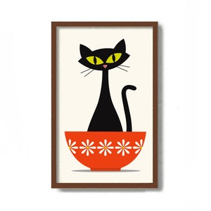 Mid Century Modern Kitchen Wall Art, Black Cat Print, Cat Lover Gift Idea, Kitchen Art Print, Colorful Vintage Kitchen Bowls