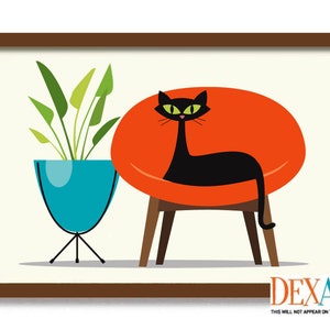 May include: A black cat sits in a bright orange chair with a green plant in a blue pot to the left. The chair has wooden legs and the cat has green eyes.