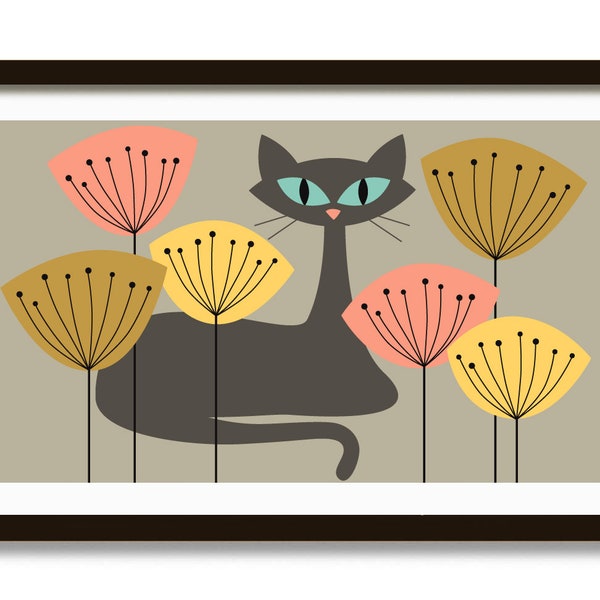 Mid Century Modern Cat Wall Art Print, Cat Lover Gift, Grey Cat, Tabby Cat, Gray Cat, Tiger Cat, Floral Print, Tulips Decor