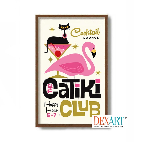 Pink Flamingo Decor, Cat Lover Gift, Mid Century Modern Wall Art Print, Cocktail Sign, Poster for Tiki Bar, Atomic Art, Martini Glass