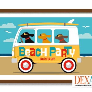 Surf Poster, Mid Century Modern Dog Art Print, Hippie Van, RV Camper Bus, Black Lab, Retro Camper, Dog Lover Gift, Cute Dog Wall Art