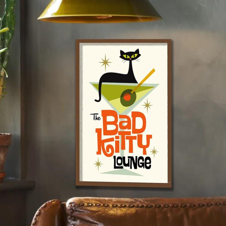 Atomic Cat Decor, Mid Century Modern Cocktail Bar Wall Art, Black Cat ...