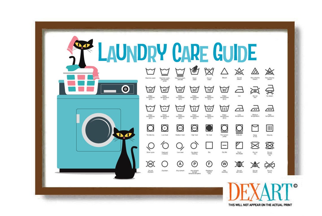 Laundry Room Guide Care Symbols, Atomic Cat Mid Century Modern Art Print, Laundry Room Decor