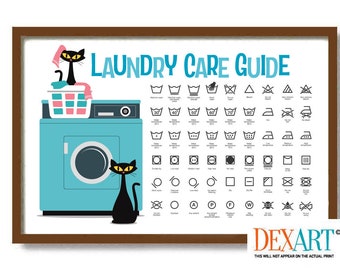 Laundry Room Guide Care Symbols, Atomic Cat Mid Century Modern Art Print, Laundry Room Decor, Cat Mom, Laundry Sign, Washing Machine