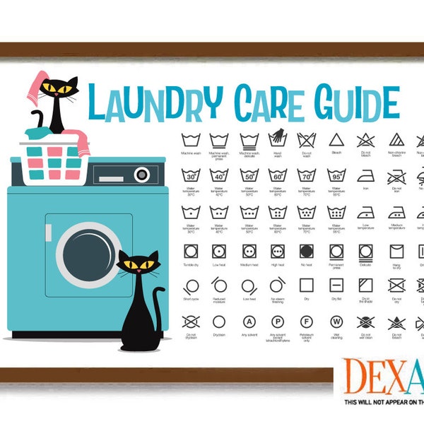 Laundry Room Guide Care Symbols, Atomic Cat Mid Century Modern Art Print, Laundry Room Decor, Cat Mom, Laundry Sign, Washing Machine