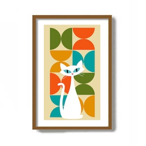 Mid Century Modern Art, Cat Lover Gift, Wall Decor, White Cat Art Print, Retro Pattern, White Cat Gift Idea, Veterinarian Gift image 1