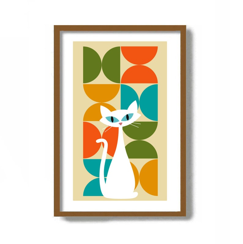 Mid Century Modern Art, Cat Lover Gift, Wall Decor, White Cat Art Print, Retro Pattern, White Cat Gift Idea, Veterinarian Gift image 1