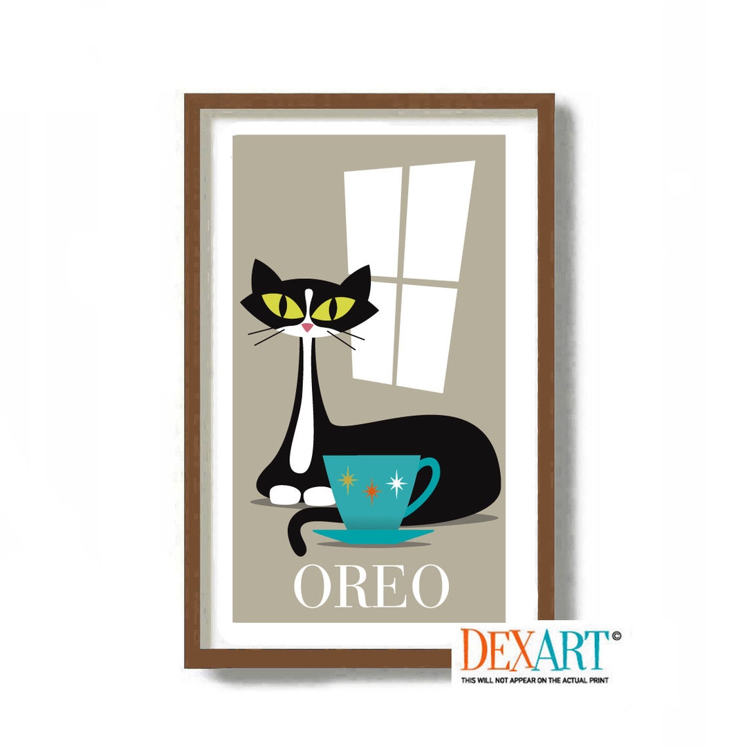 Personalized Cat Gift, Tuxedo Cats Art Print, Mid Century Modern Wall ...