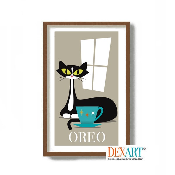Personalized Cat Gift, Tuxedo Cats Art Print, Mid Century Modern Wall Decor, Black and White Cat Gift Idea, Cat Lover, Striped Cat Retro Cat
