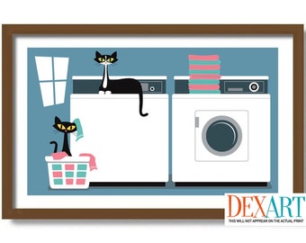 Laundry Room Decor, Mid Century Modern Wall Art, Black Cat Art Print, Laundry Sign, Black Cat Gift Idea, Cat Lover Gift, Laundry Basket