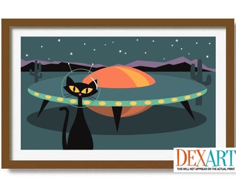 May include: A framed art print featuring a black cat in a space helmet, standing before a retro-style UFO. The background depicts a desert landscape with cacti, mountains, and a starry night sky. The print has a brown frame.