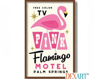 Palm Springs Art Print, Pink Flamingo Motel Sign, Mid Century Modern Wall Art, Vintage Television, California Decor