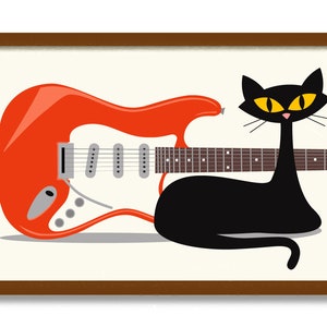 Mid Century Modern Art, Black Cat Art Print, Cat Lover Gift, Guitar Player, Electric Guitar, Vinyl Record Storage, Old Record Player